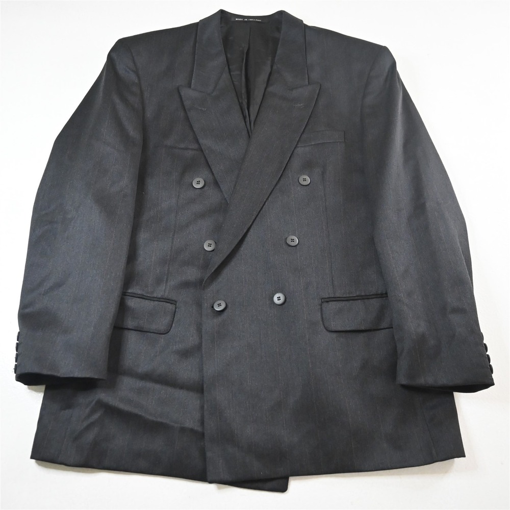 England Made Double Breasted 44L Gray Stripe Wool Mens Suit‎ Jacket Sport Coat